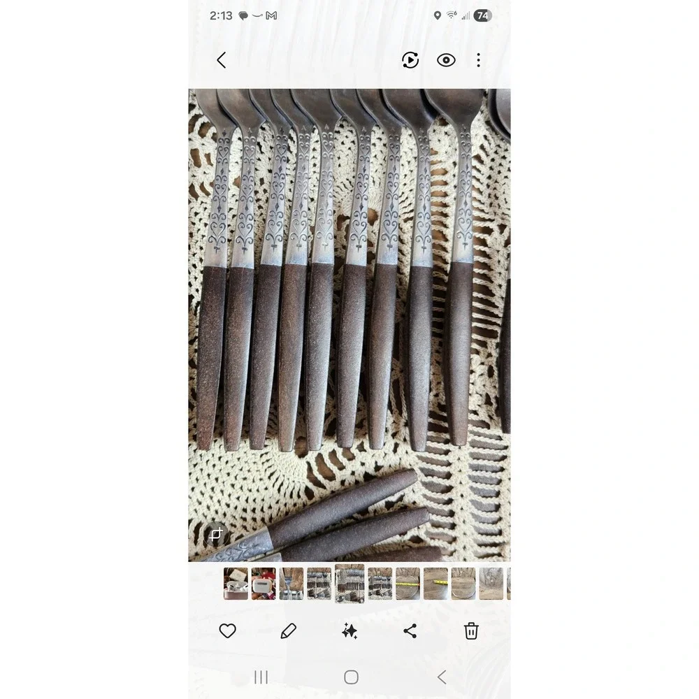 Vintage Interpur Canoe Hearts Flatware Set 39pc Stainless Japan Brown Wood